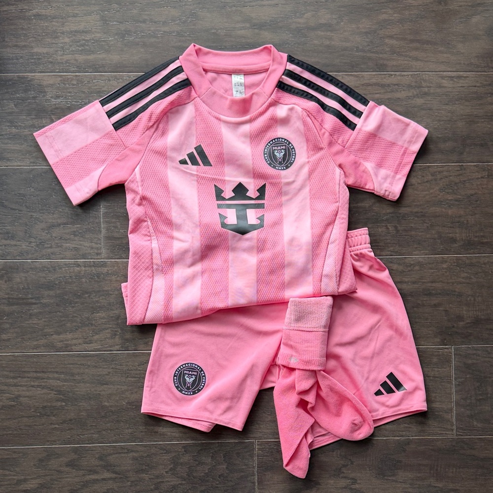 adidas Pink Kids Soccer Jersey & Shorts Set with Black Accents